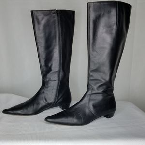 J Crew Knee High Zip Leather Boots Black Low Heel